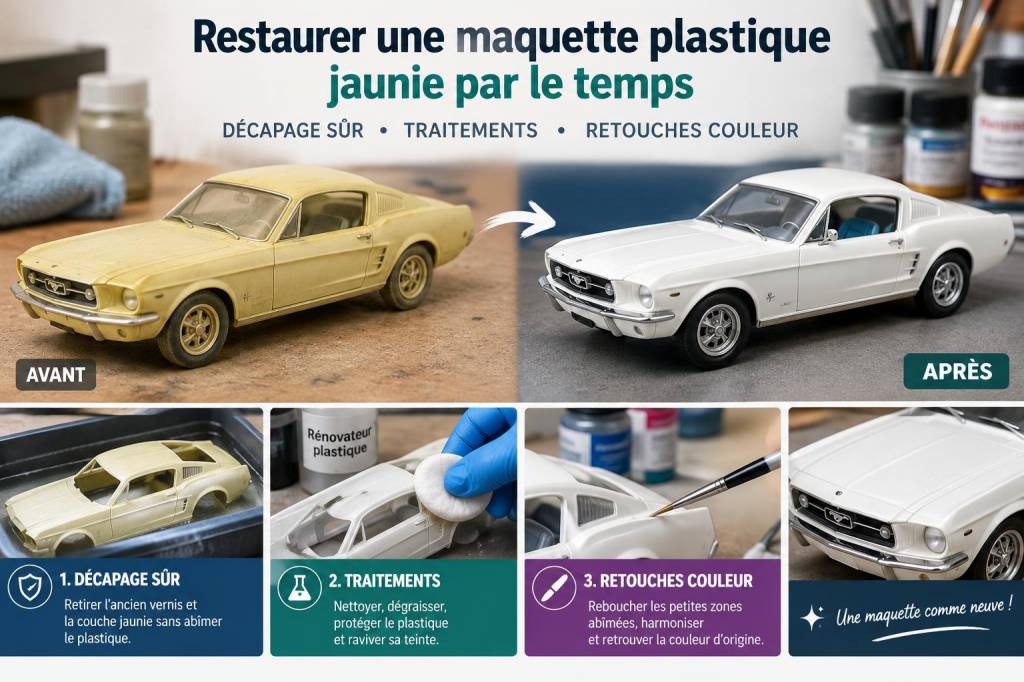 Restaurer une maquette plastique jaunie par le temps : décapage sûr, traitements et retouches couleur