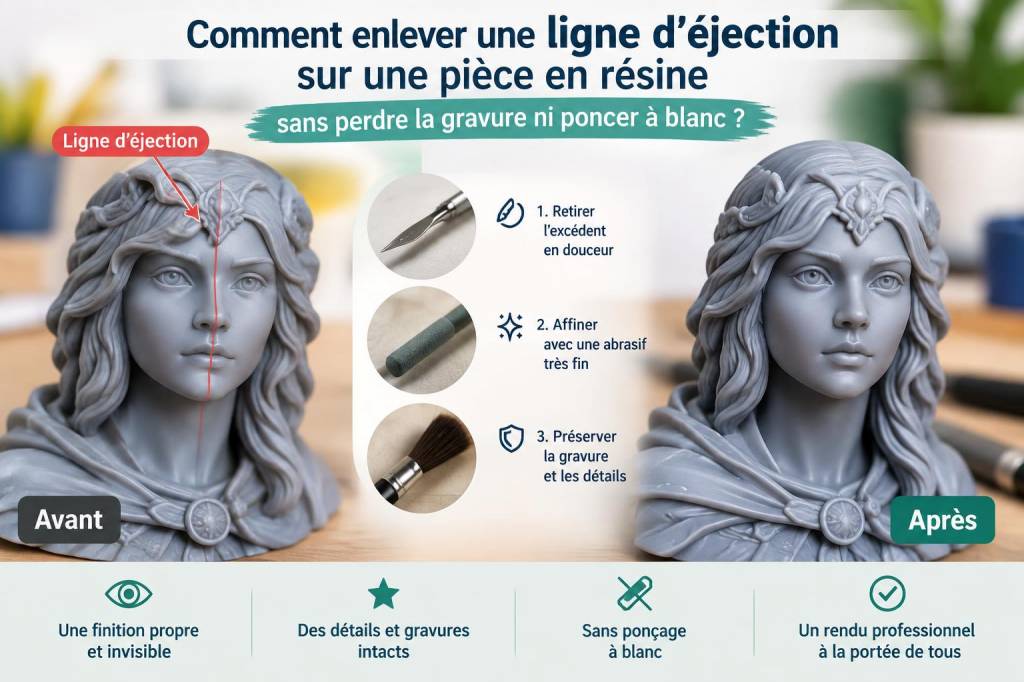 Comment enlever une ligne d'éjection sur une pièce en résine sans perdre la gravure ni poncer à blanc